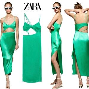 Zara green satin effect asymmetrical cut-out strappy crisscross slit midi dress